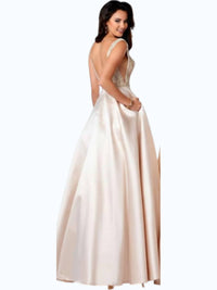 Karishma Creations - Beaded V-neck Satin A-line Evening Gown