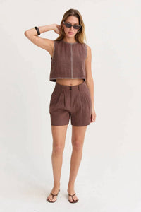 Crescent - Kiara Contrast Stitch Linen Crop Top