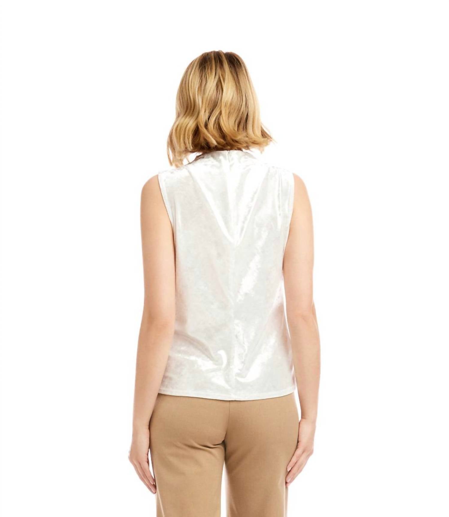 Karen Kane Sleeveless Crushed Velvet Drape Front Top in off white - women's blouse - detail view