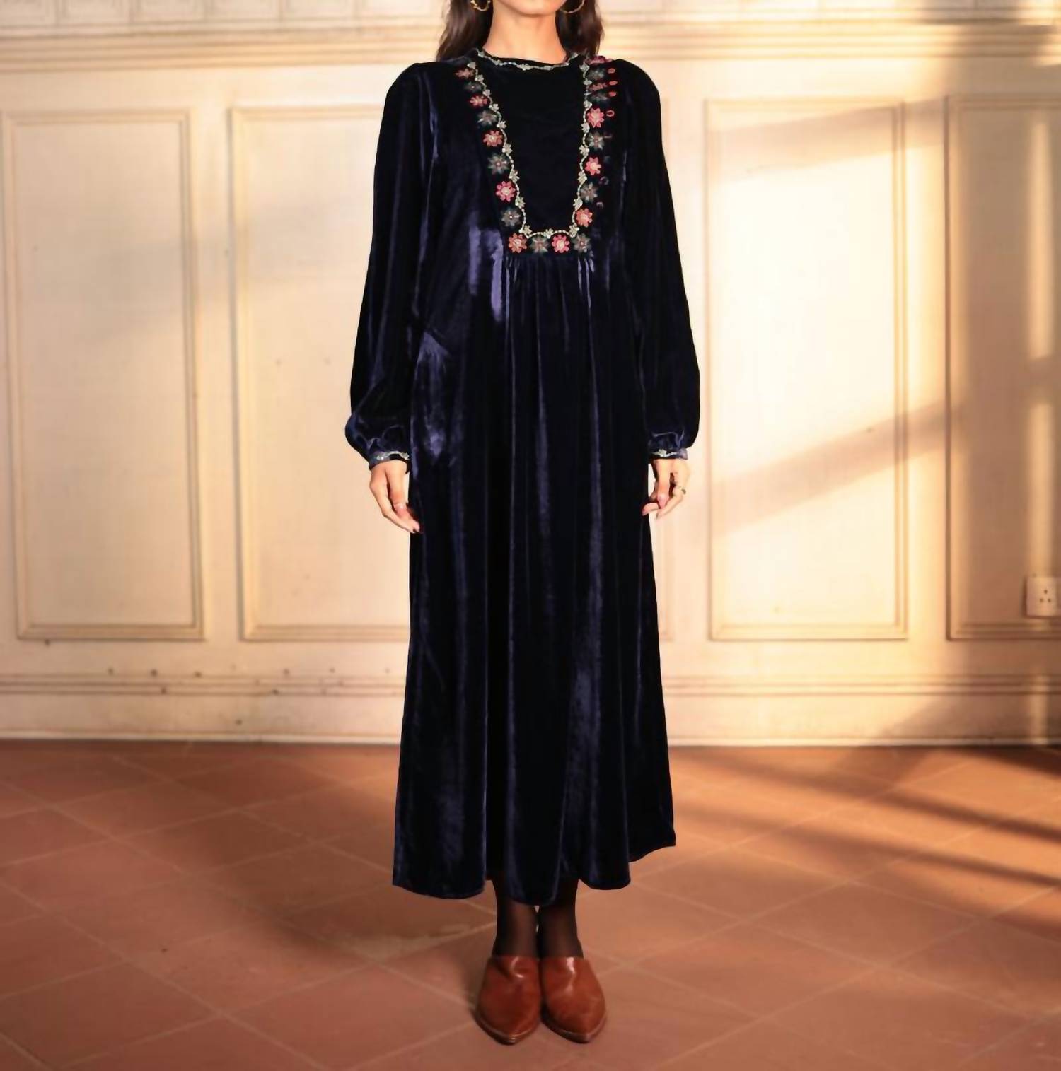Ornaete Beatrix Velvet Dress With Bahar Embroidery in night - women's dress