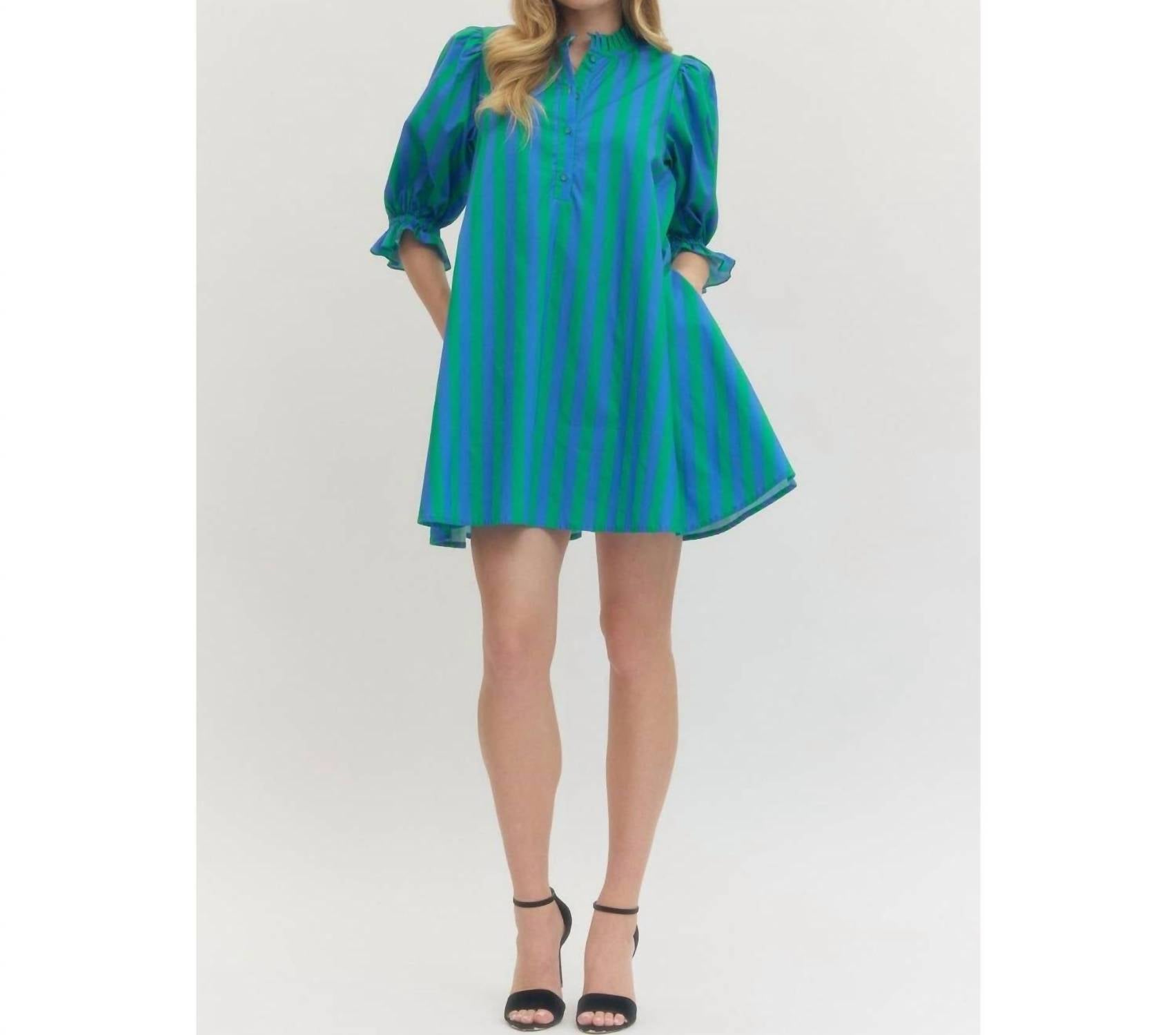 Style USA Striped Puff Sleeve Mini Dress in green - women's dress - view 5