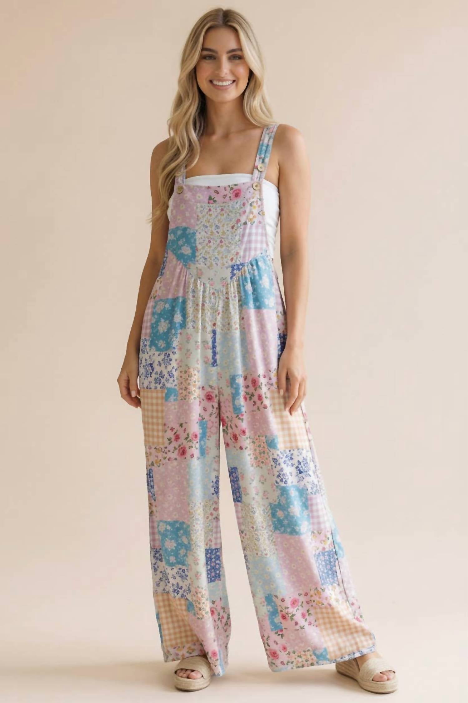 Haptics - Floral Patchwork Wide Leg Bib Jumpsuit - Plus