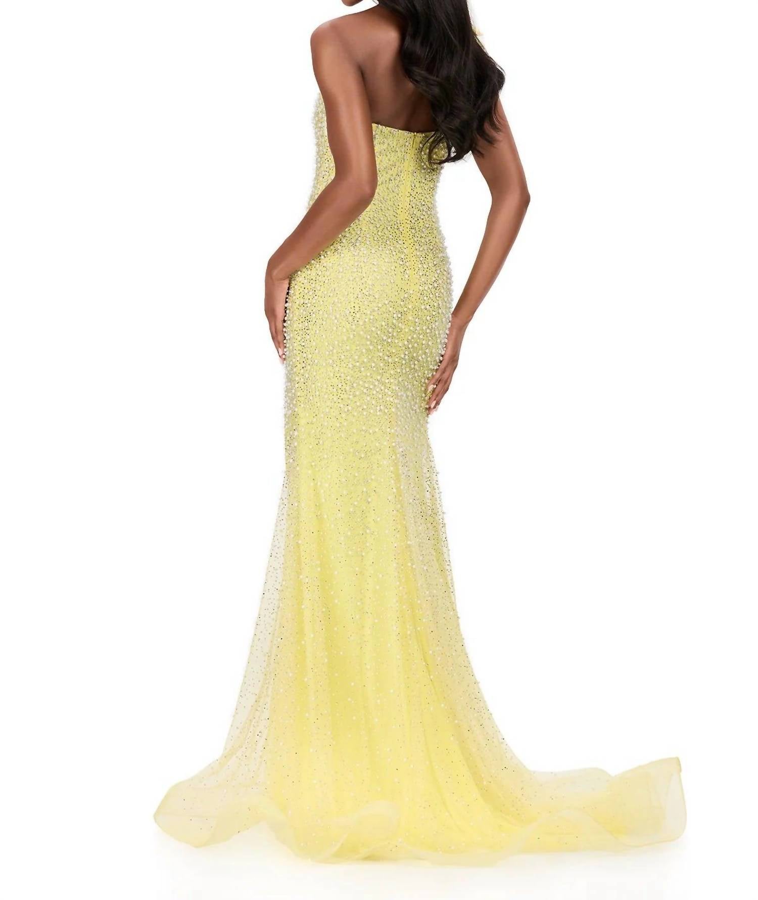 ASHLEYlauren Tulle Dress With One Shoulder Strap in yellow - women's dress - detail view