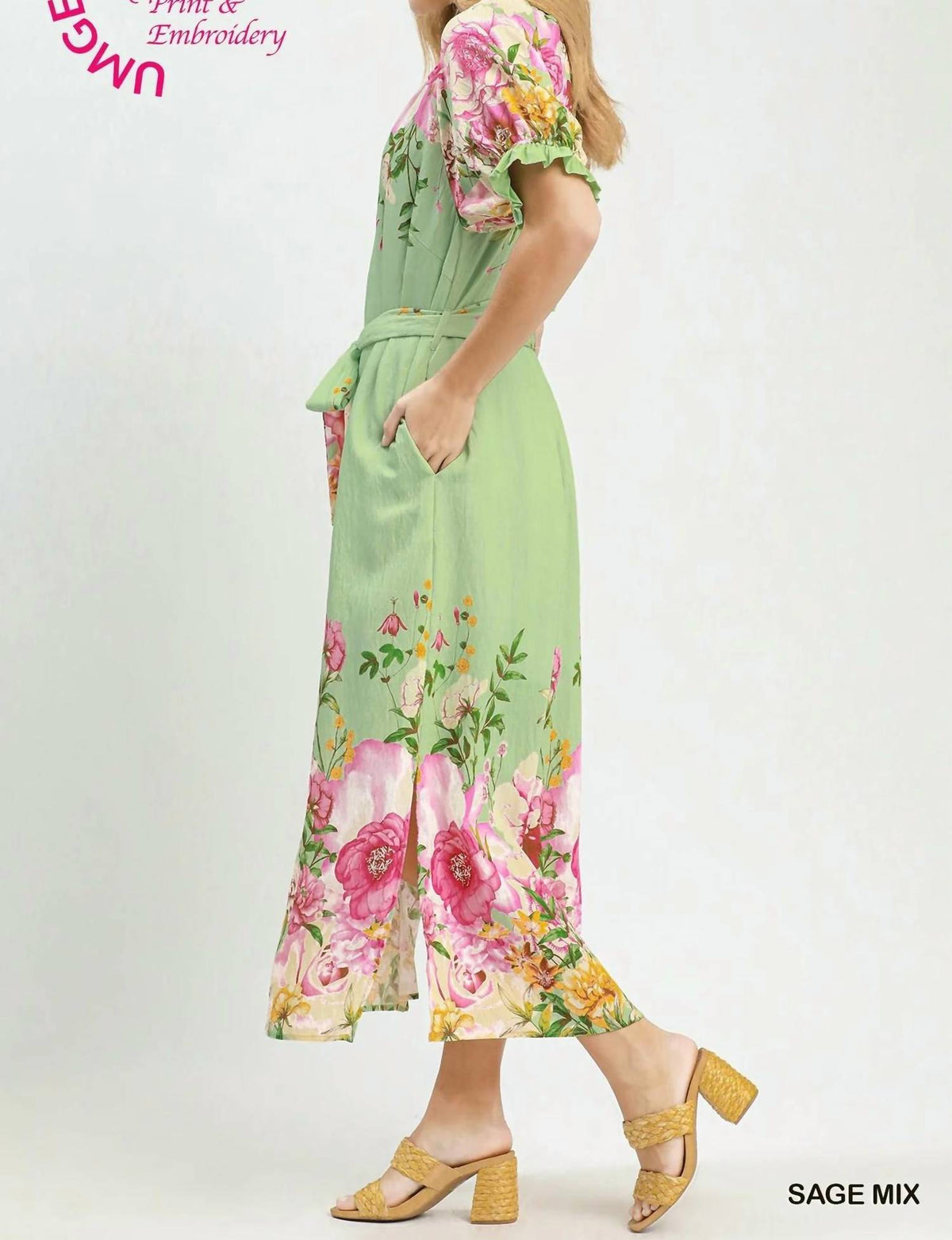 Umgee - Floral Border Print Midi Dress With Tie Belt
