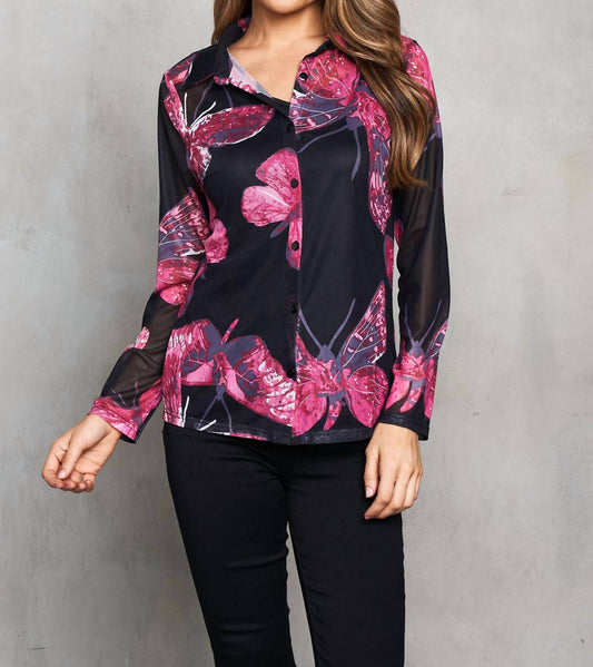 Paparazzi - Mesh Butterfly Print Button Front Lined Shirt
