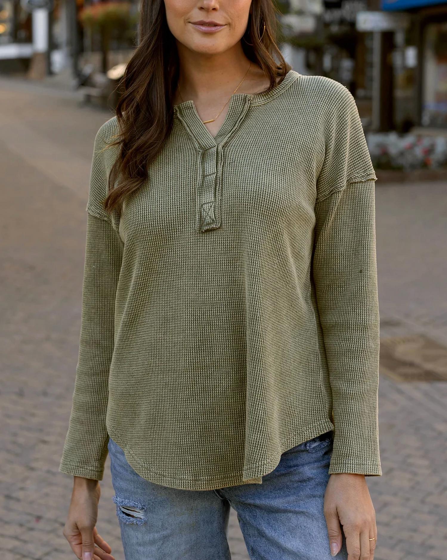 Grace And Lace - Mineral Washed Waffle Henley Sweater