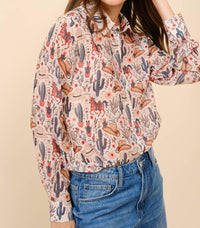 Blue B - Western Print Chiffon Button Up Blouse