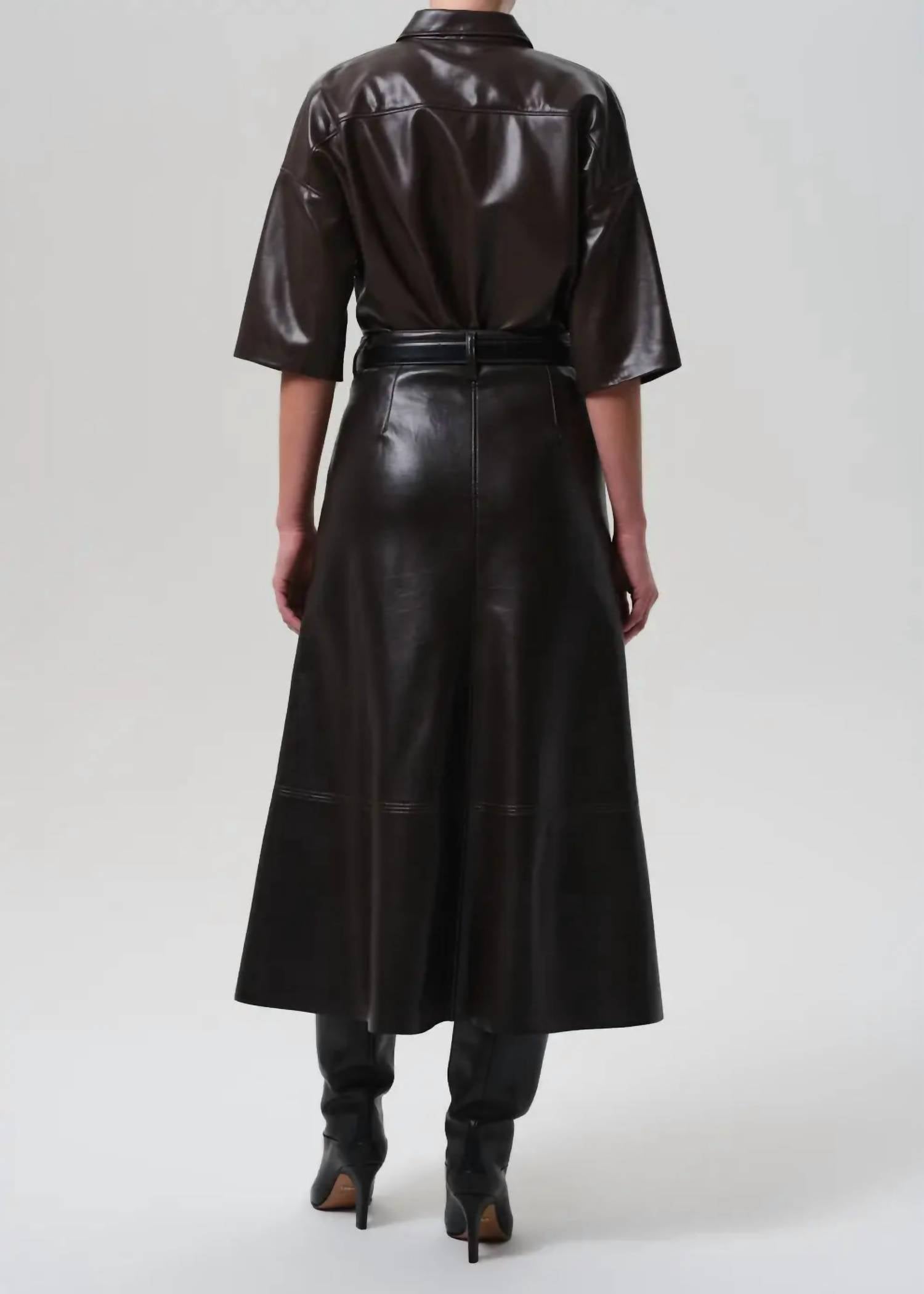 Citizens of Humanity Cassia Leather A-line Skirt in chocolate dark brown - women's skirt - detail view