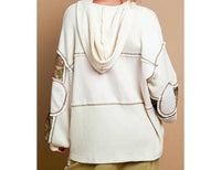 POL Printed Camo Sleeve Elbow Patches Top in cream - women's top - detail view