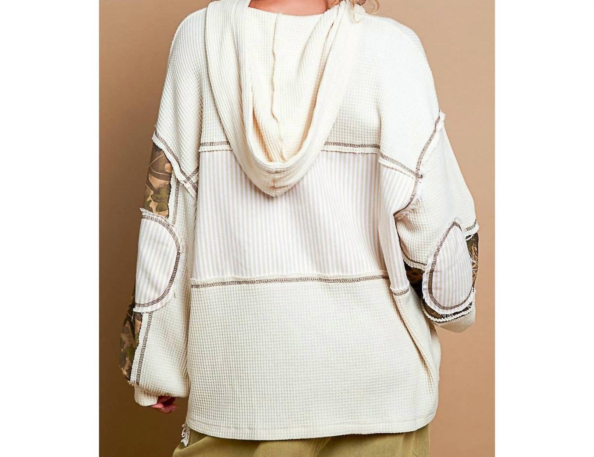 POL Printed Camo Sleeve Elbow Patches Top in cream - women's top - detail view