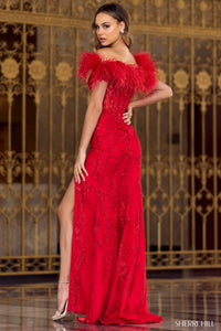 Sherri Hill Feather Sleeve Leaf Lace Dress in red - women's dress - alternate view