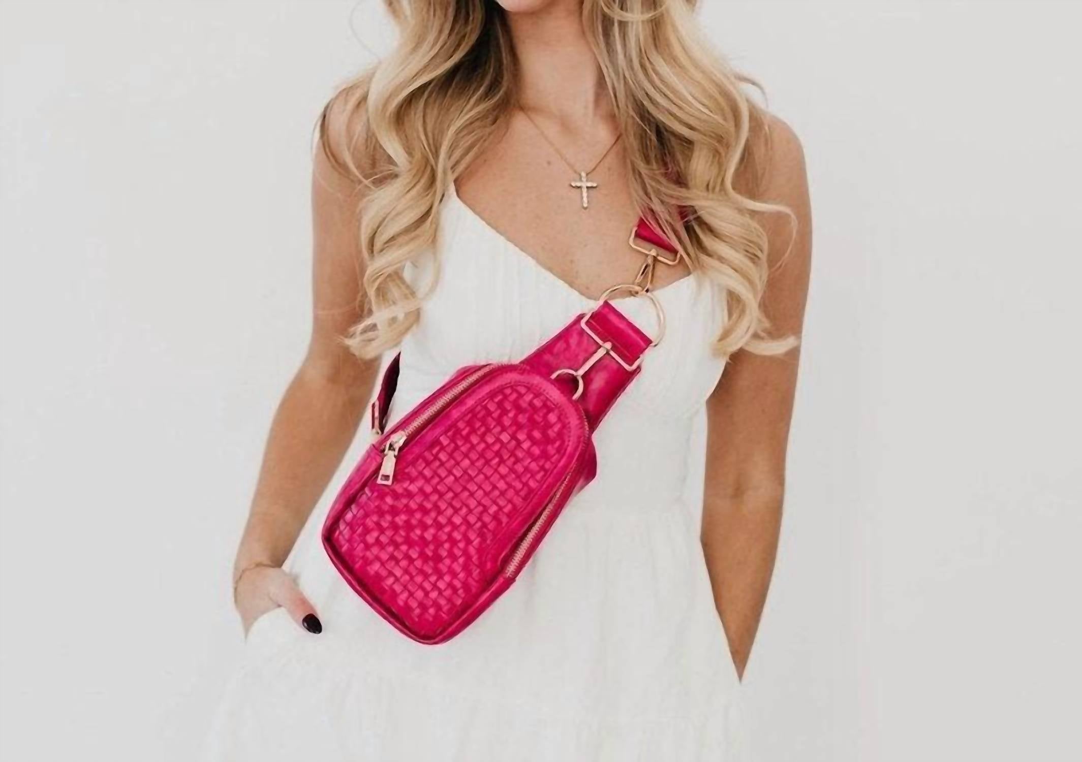 Pretty Simple Women's Waverly Woven Crossbody Sling Bag With Strap Extender in fuchsia pink - women's bag
