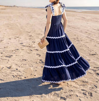 Sail To Sable - Ric-rac Bow Strap Maxi Dress