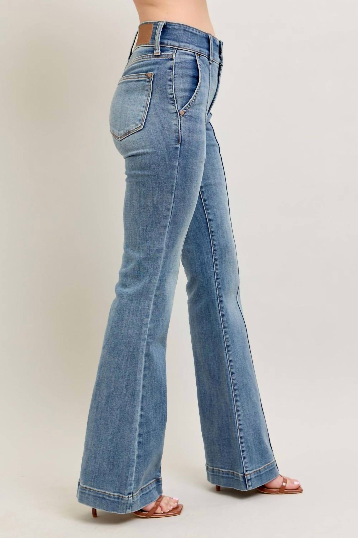 Judy Blue High Waist Double Button Trouser Flare Jeans in medium blue - women's jeans - detail view