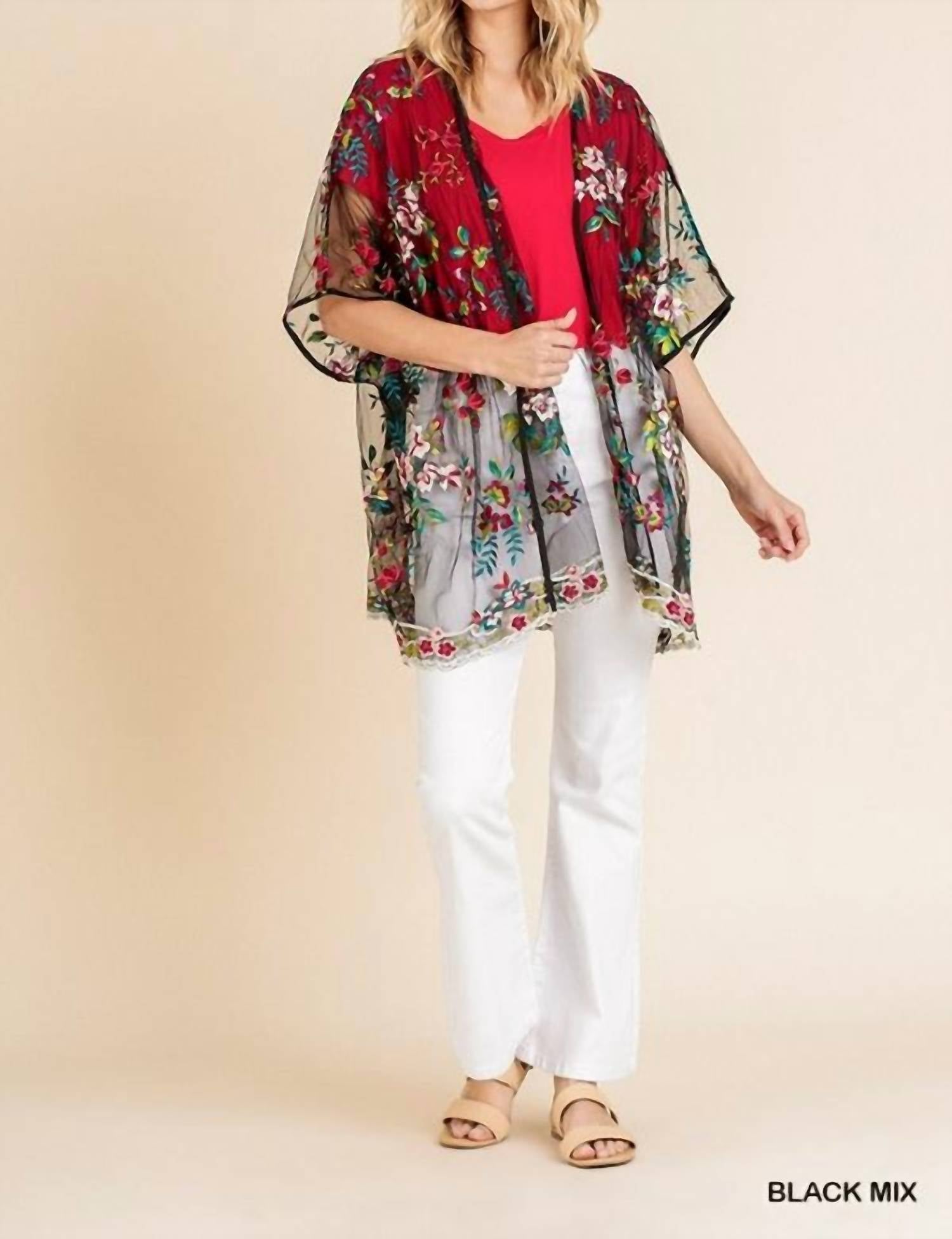 Umgee - Floral Embroidered Sheer Mesh Kimono
