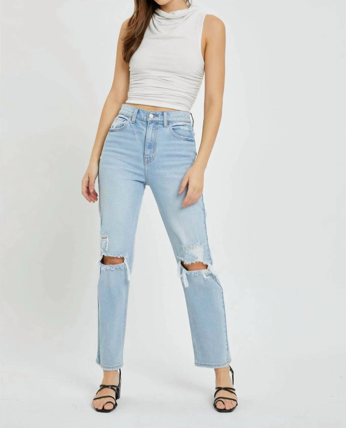 Cello - Distressed High Rise Straight Leg Denim Jean