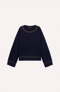 Minnie Rose Cotton Cashmere Frayed Crew Sweater in black - women's sweater - view 4