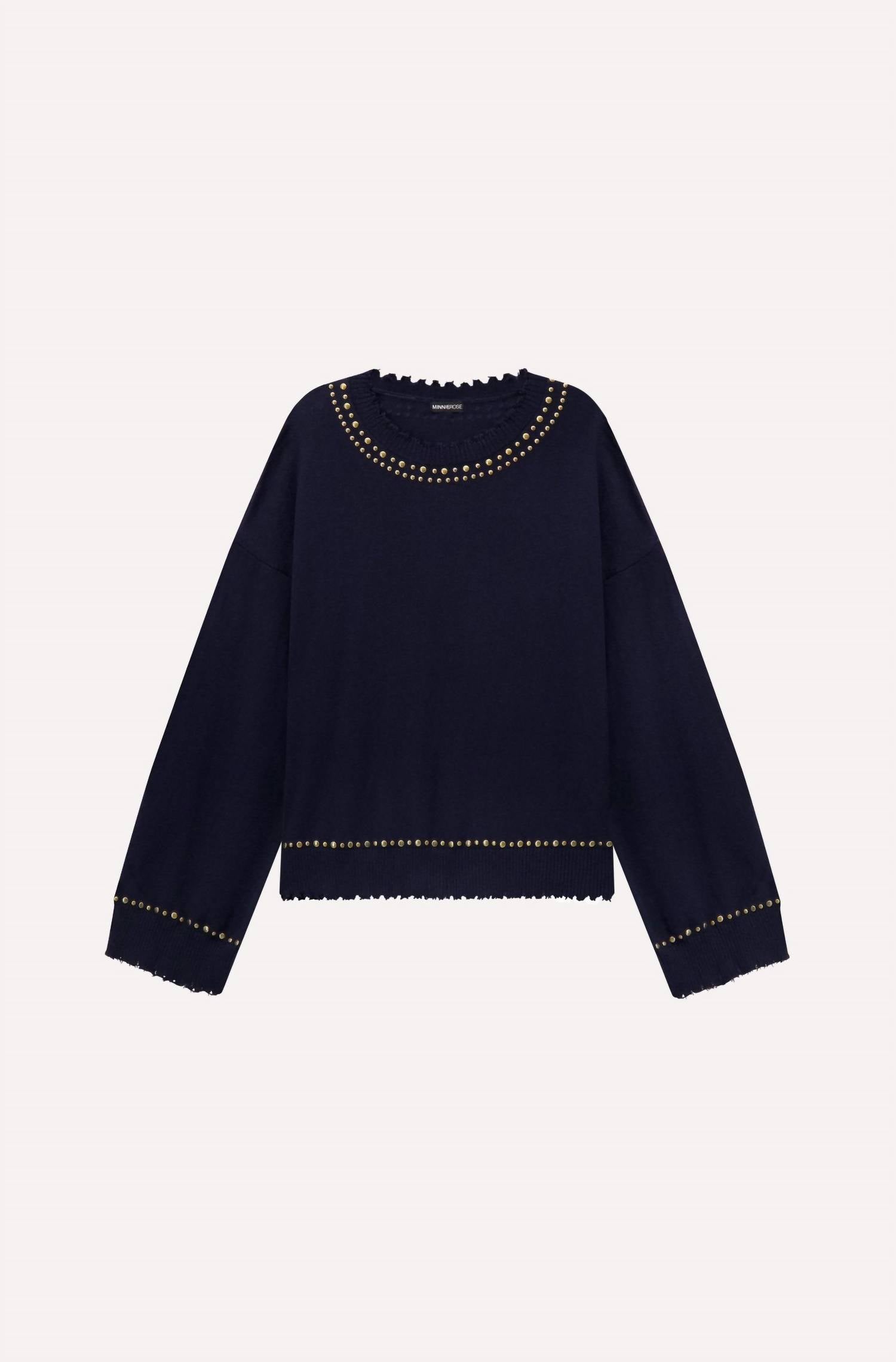 Minnie Rose Cotton Cashmere Frayed Crew Sweater in black - women's sweater - view 4