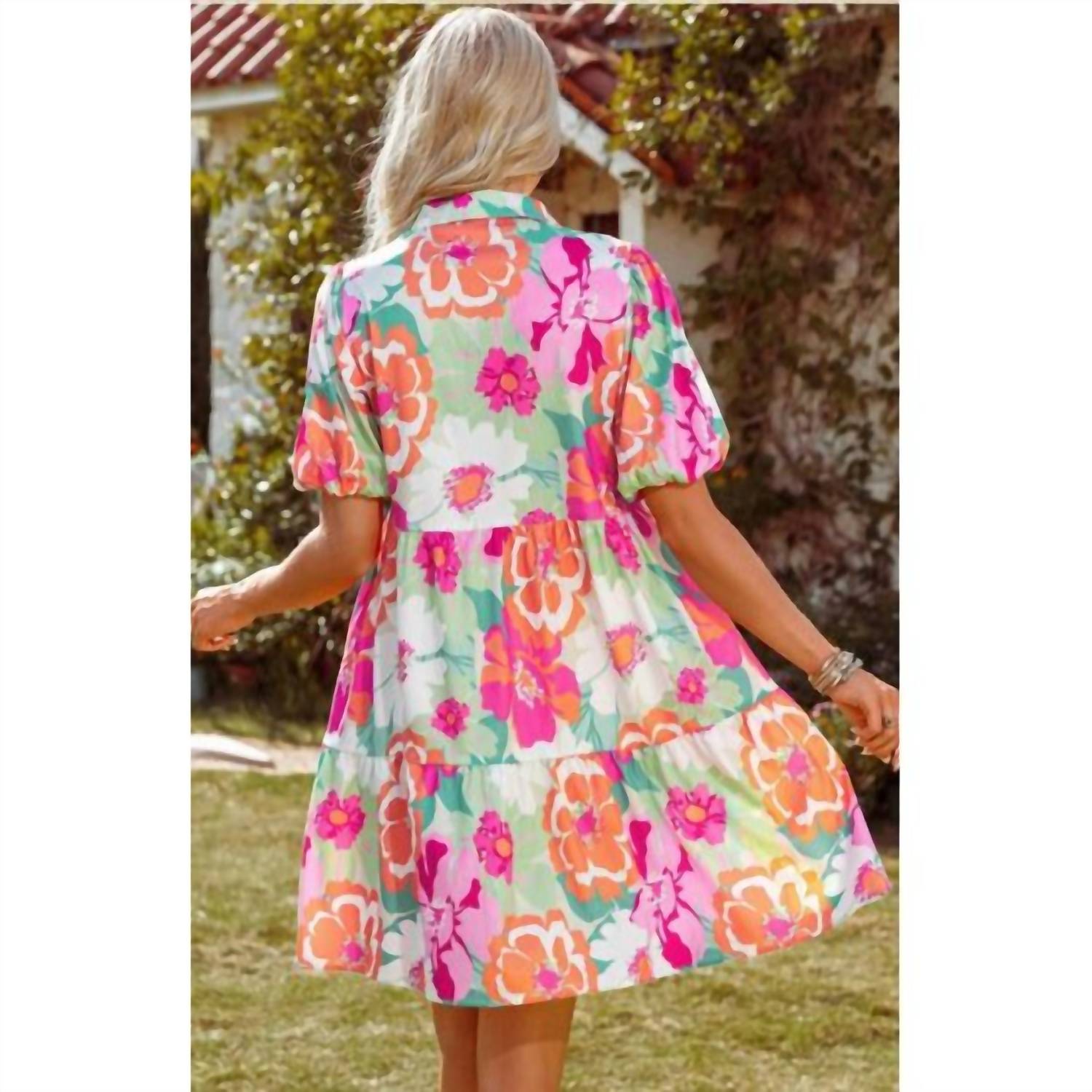 fashionworks Vibrant Floral Puff Sleeve Tiered Mini Dress in multicolor - women's dress - detail view