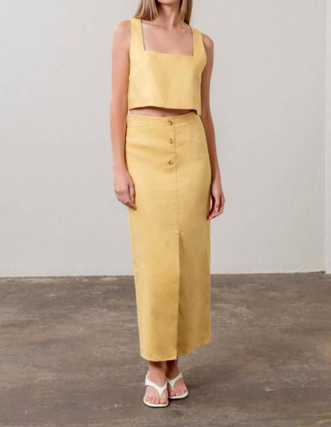 Moon River - Front Button Detail Linen Midi Skirt