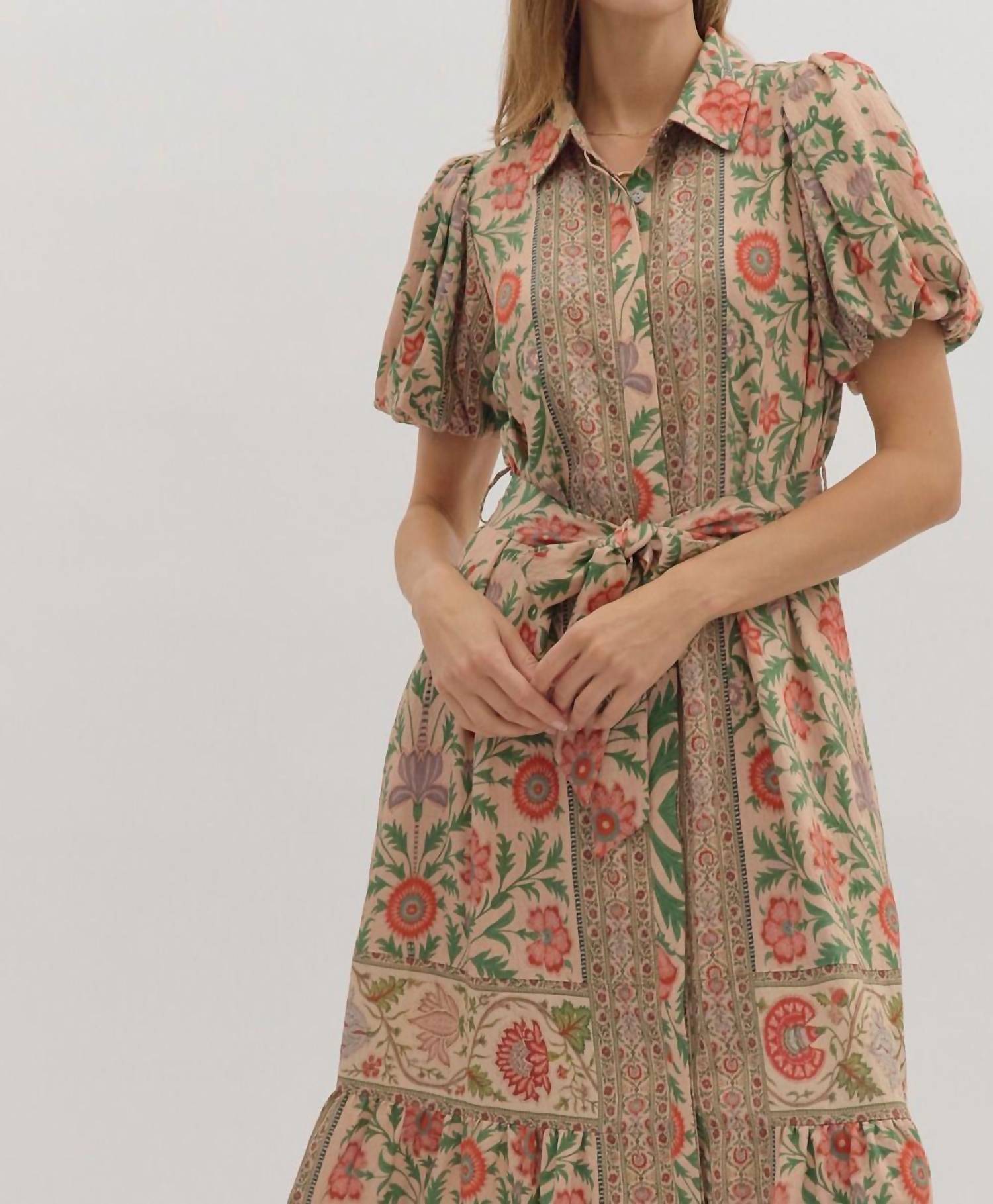 entro Botanical Print Puff Sleeve Midi Dress in natural multi - women's dress - view 5