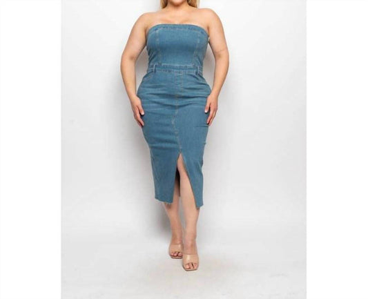 Curve Market - Front Slit Bodycon Denim Tube Dress