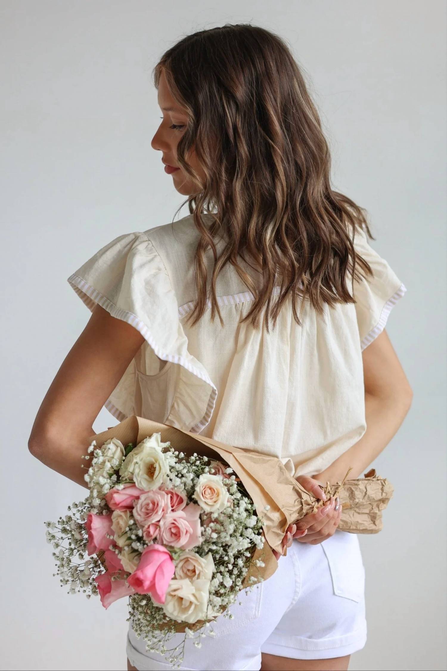 In February - Lucia Flutter Sleeve Blouse With Contrast Trim