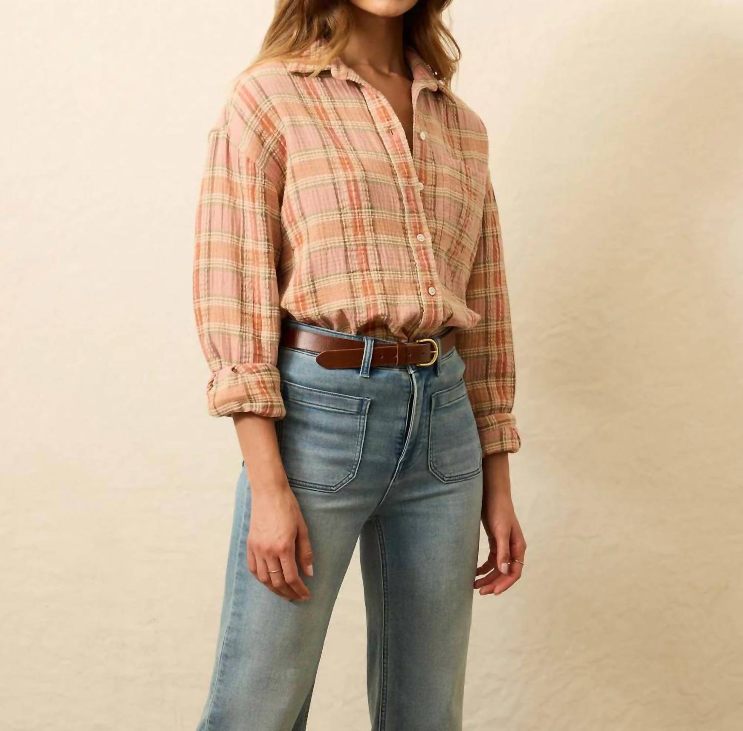 Faherty Dune Cotton Gauze Relaxed Shirt in tinted rose water plaid - women's shirt - detail view