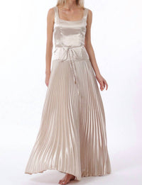 Aakaa Sleeveless Tie Front Waisted Pleat Maxi Dress in champagne - women's dress