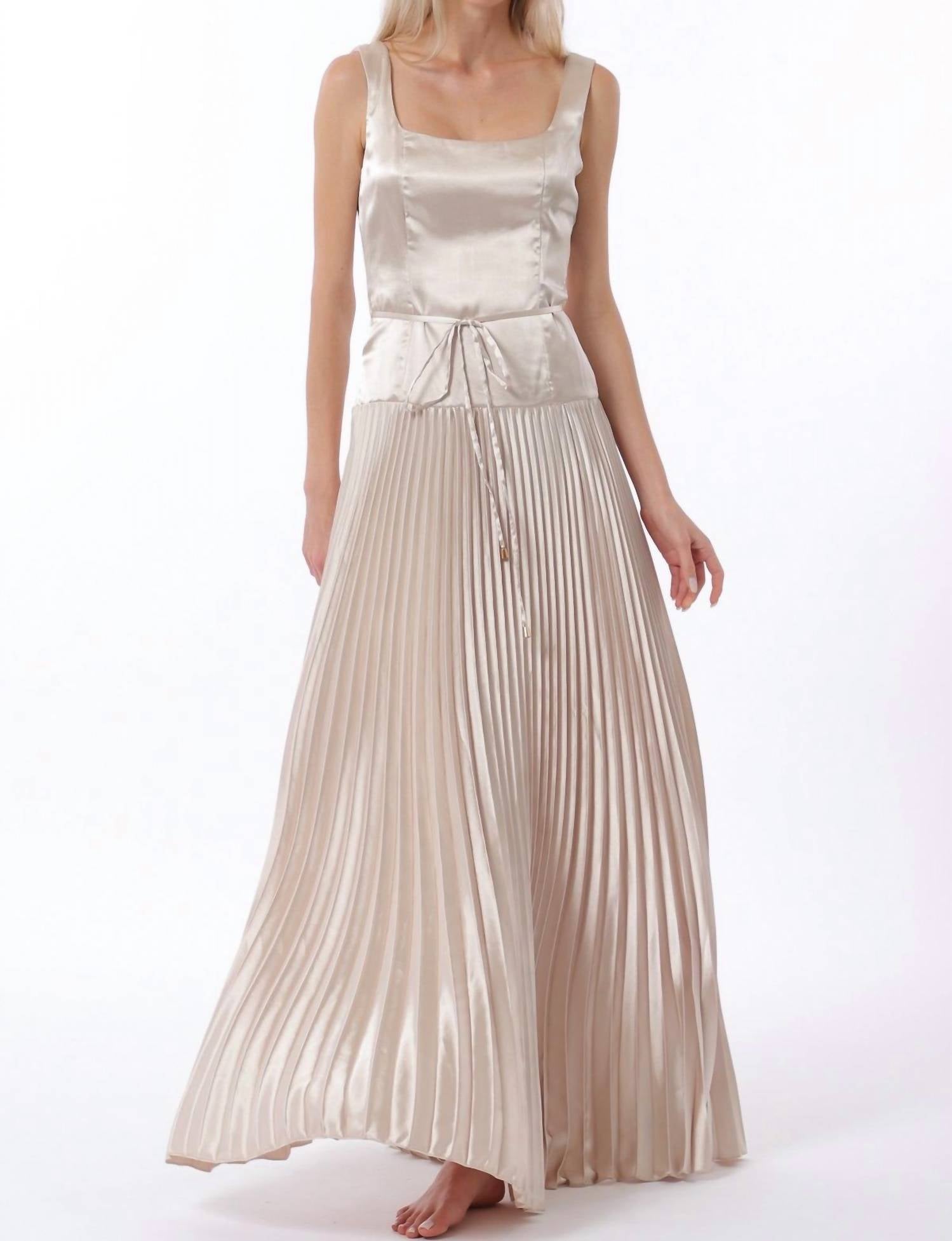 Aakaa Sleeveless Tie Front Waisted Pleat Maxi Dress in champagne - women's dress