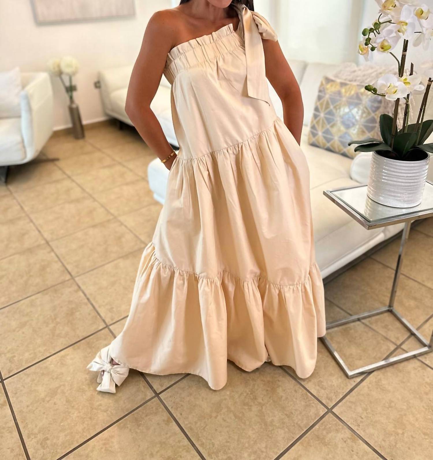 Before You Collection - Poplin One Shoulder Ruffle Bottom Maxi Dress