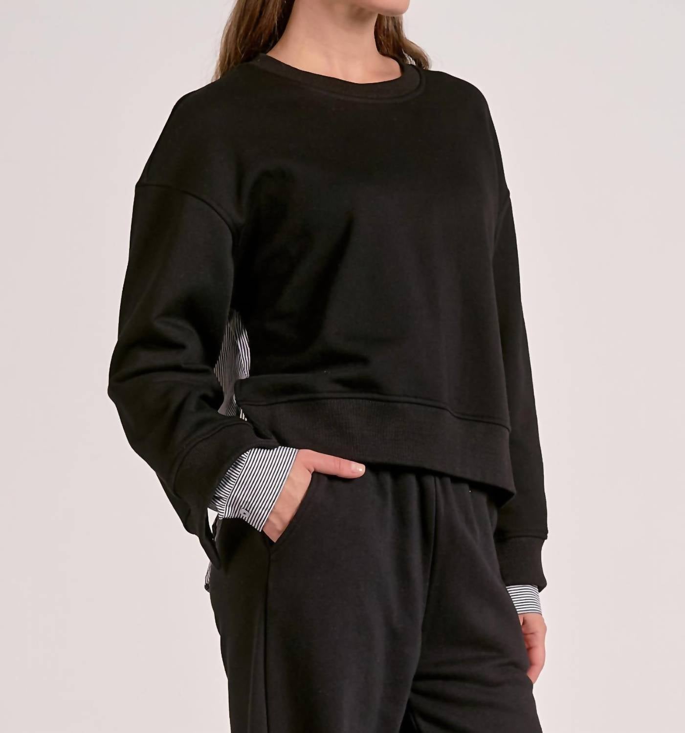 ELAN Margot Mixed Media Top in black black stripe - women's top - alternate view
