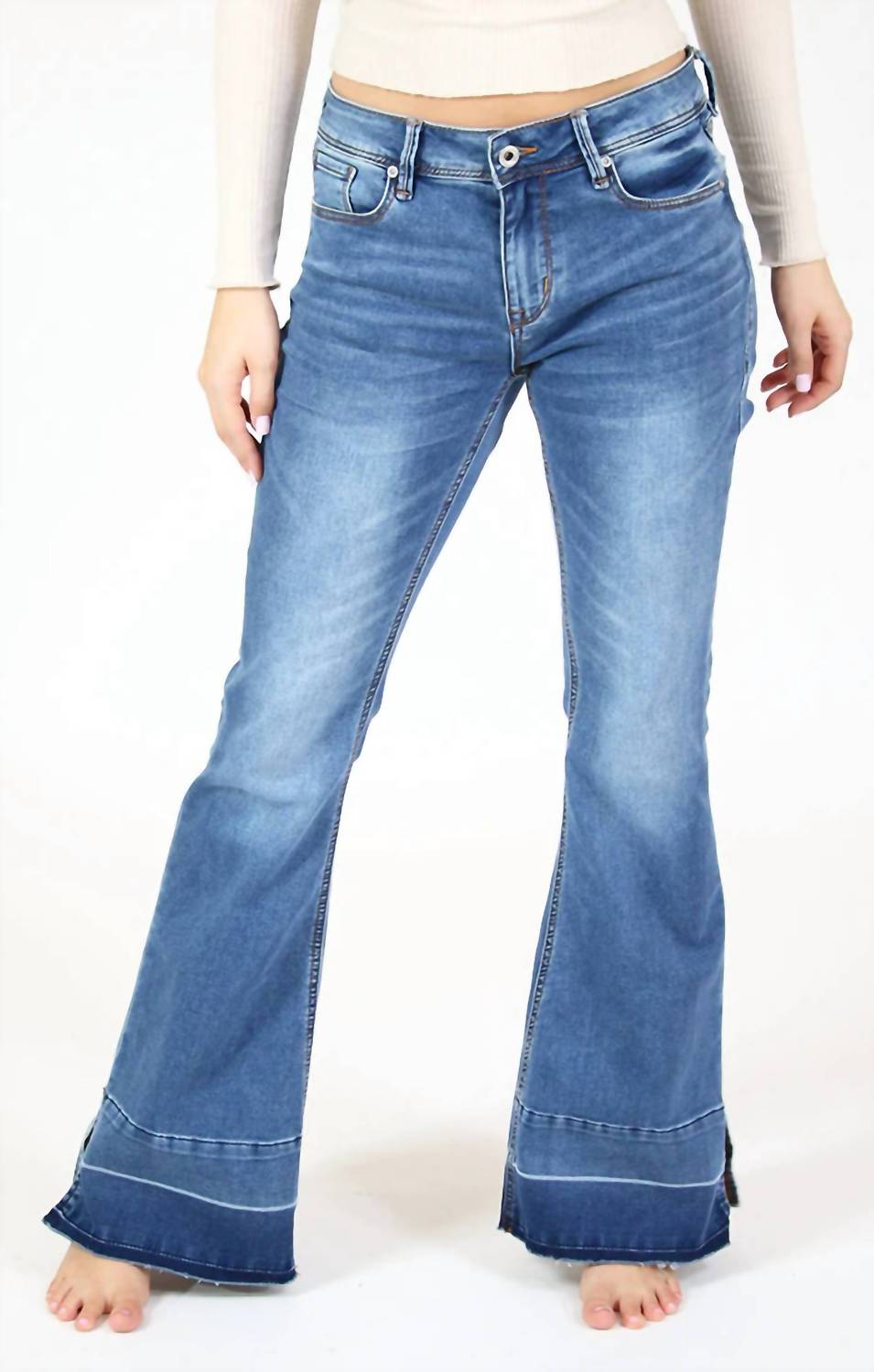 GRACE IN LA Easy Fit Mid-Rise Flare Jeans in la easy fit mid rise flare jeans in medium wash - women's jeans