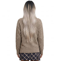 LA MIEL Boho Lace Trim V-neck Ribbed Knit Sweater in heather beige - women's sweater - alternate view