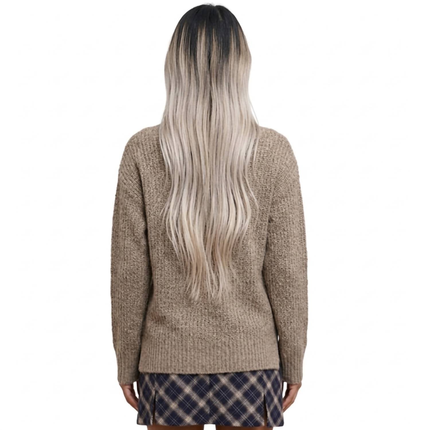 LA MIEL Boho Lace Trim V-neck Ribbed Knit Sweater in heather beige - women's sweater - alternate view