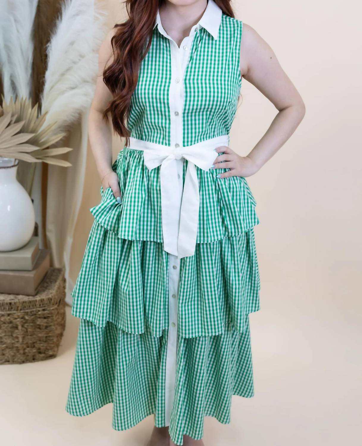 Entro - Gingham Tiered Midi Dress