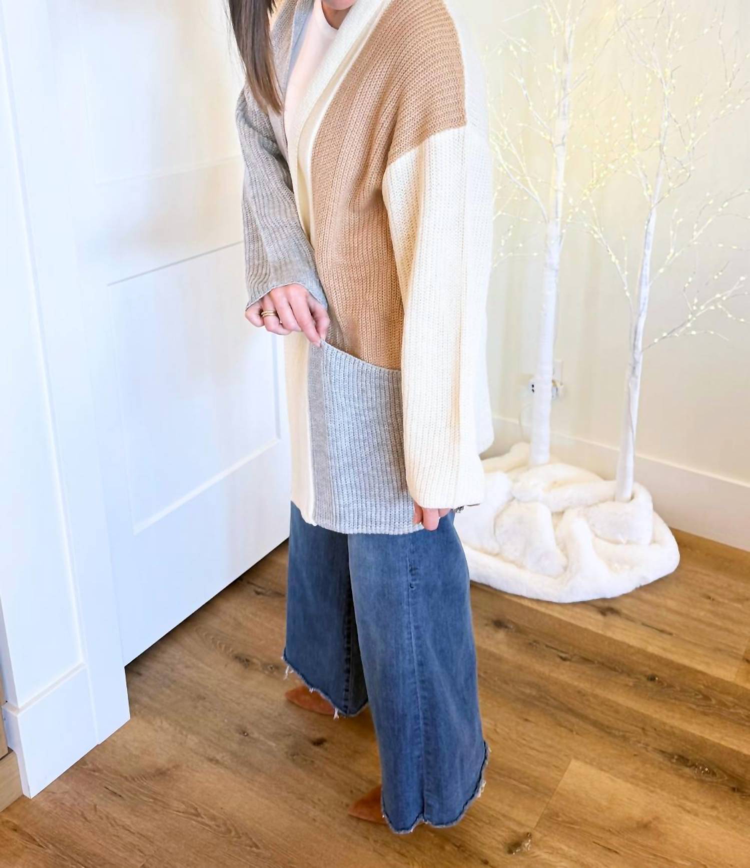 Sunday Edition Striped Cardigan With Patch Pockets in cream multi - women's cardigan - alternate view