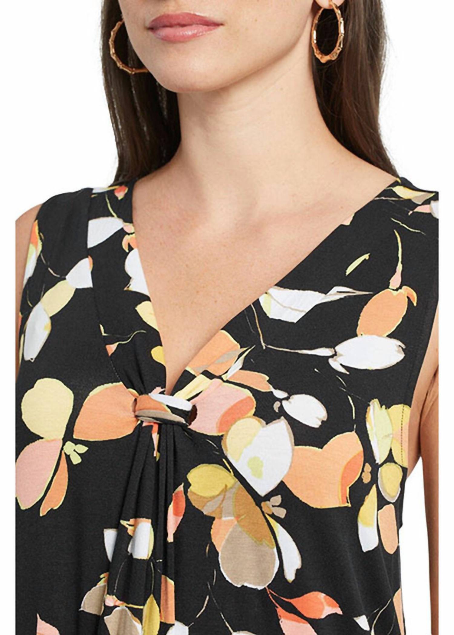 TRIBAL Edie Printed Jersey Flare Sleeveless Dress in papaya - women's dress - detail view