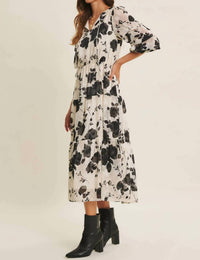 In February - Dreamy Jacquard Floral Midi Dress With Statement Sleave