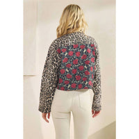 Carole Christian Patchwork Cropped Denim Jacket in leopard rose - women's jacket - detail view