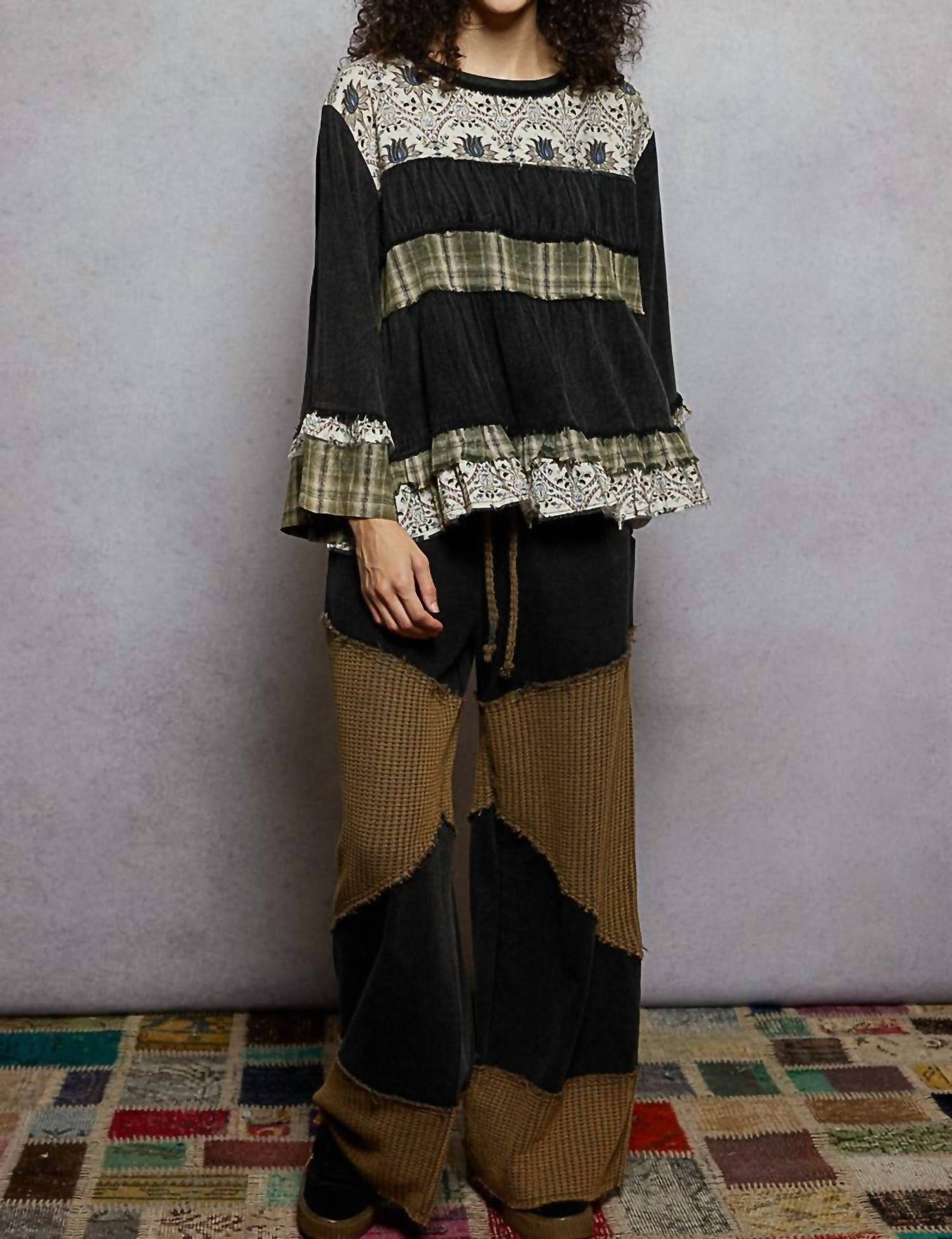 POL Washed Print Plaid Full Sleeve Top in gray - women's long sleeve top - view 4