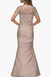 La Femme - Floral Appliqué Satin Trumpet Gown