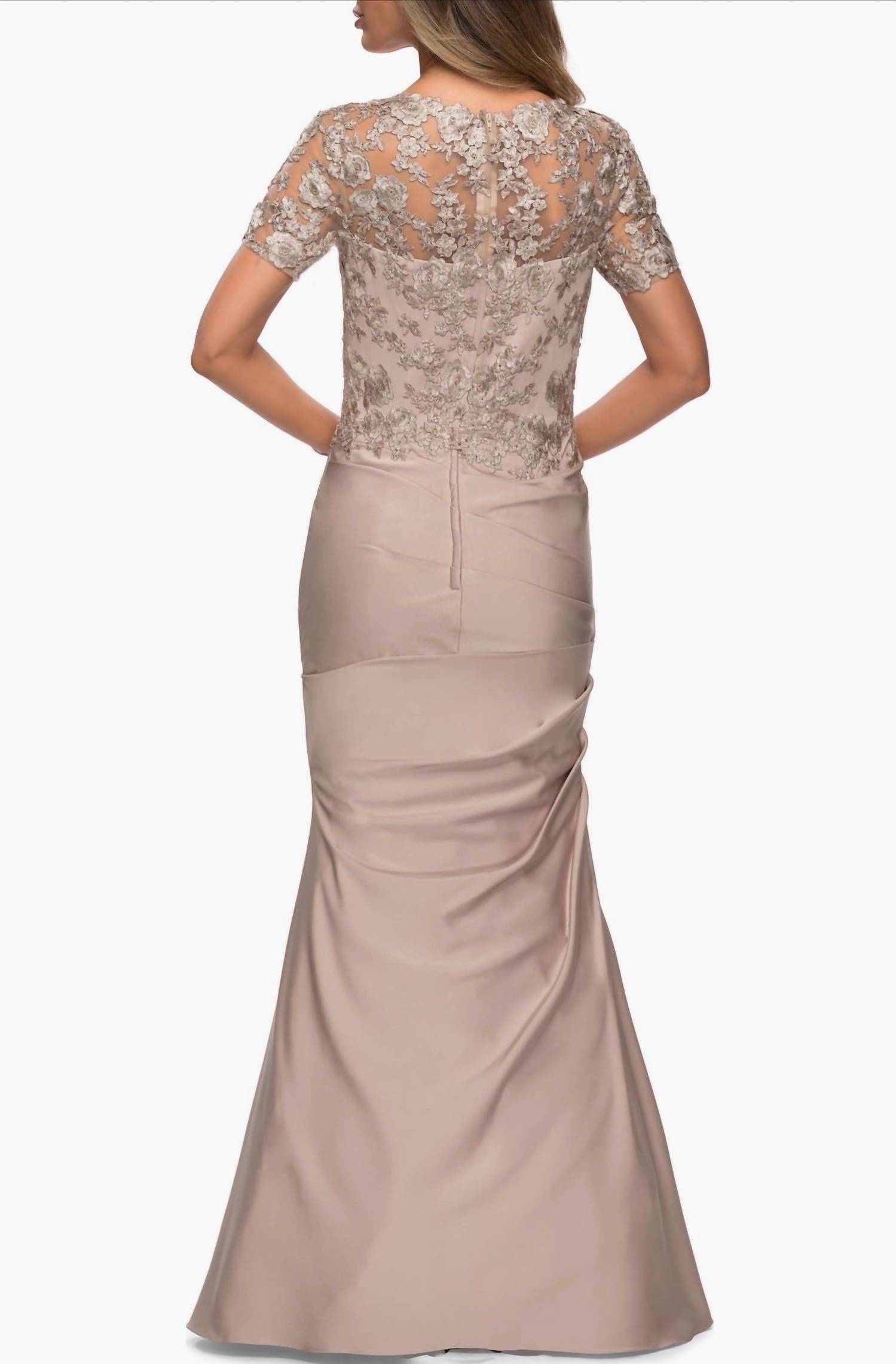 La Femme - Floral Appliqué Satin Trumpet Gown