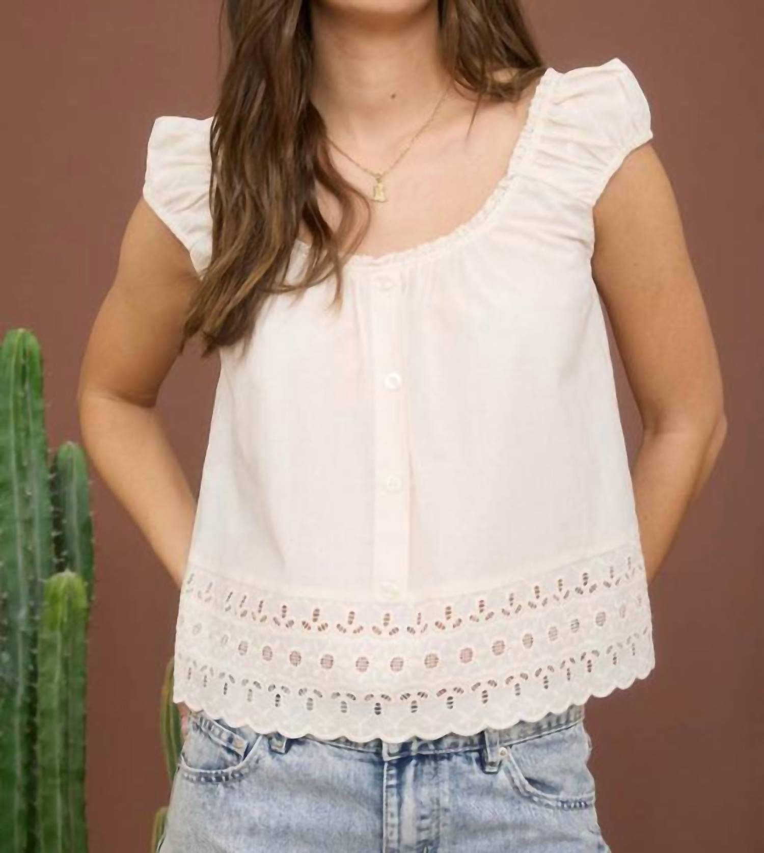 Blu Pepper - Eyelet Lace Trim Short Sleeve Button Down Blouse