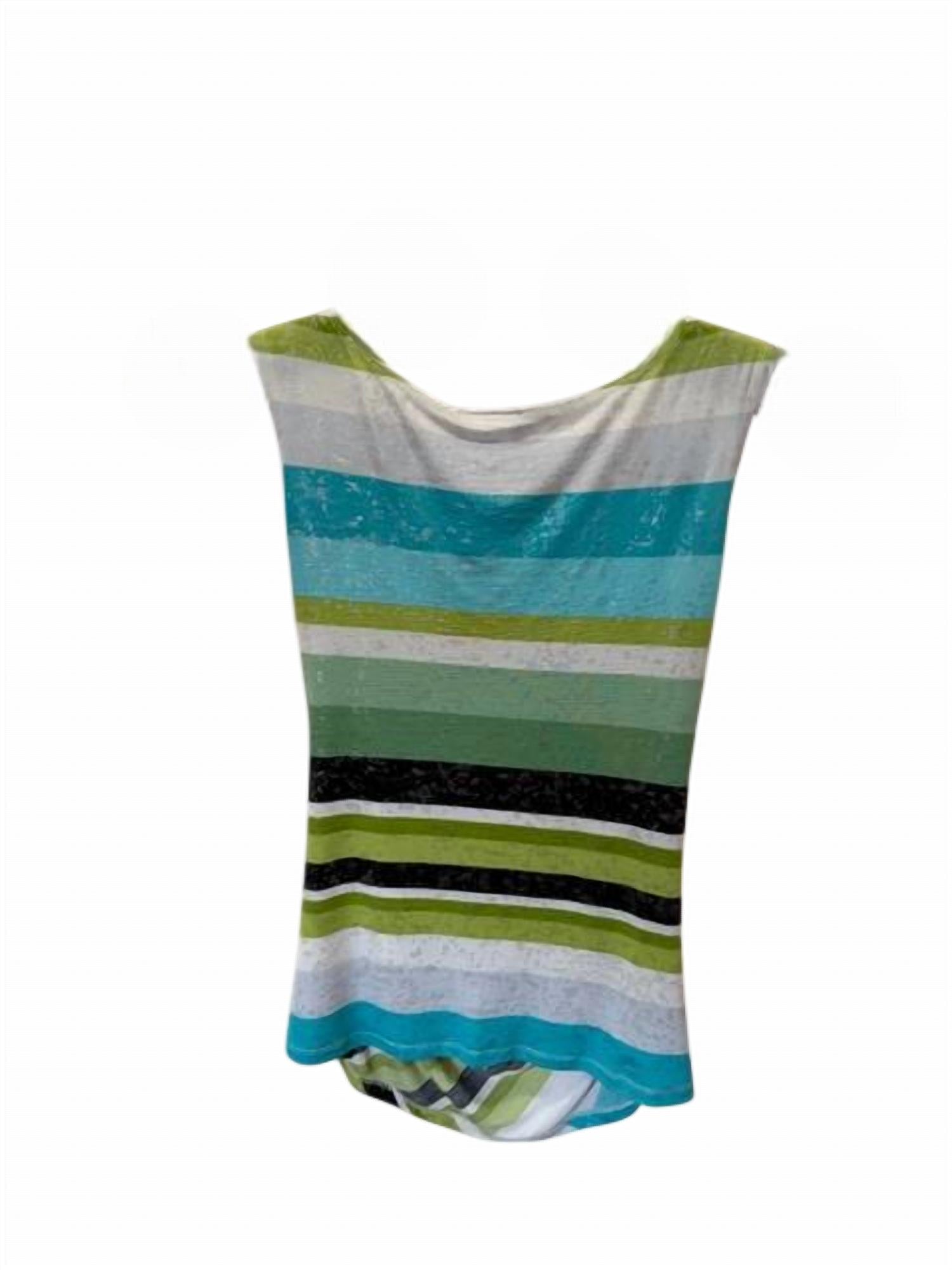LIBRA Women Stripe Cowl Neck Layered Tank in turquoise green black white - women's tank top - detail view