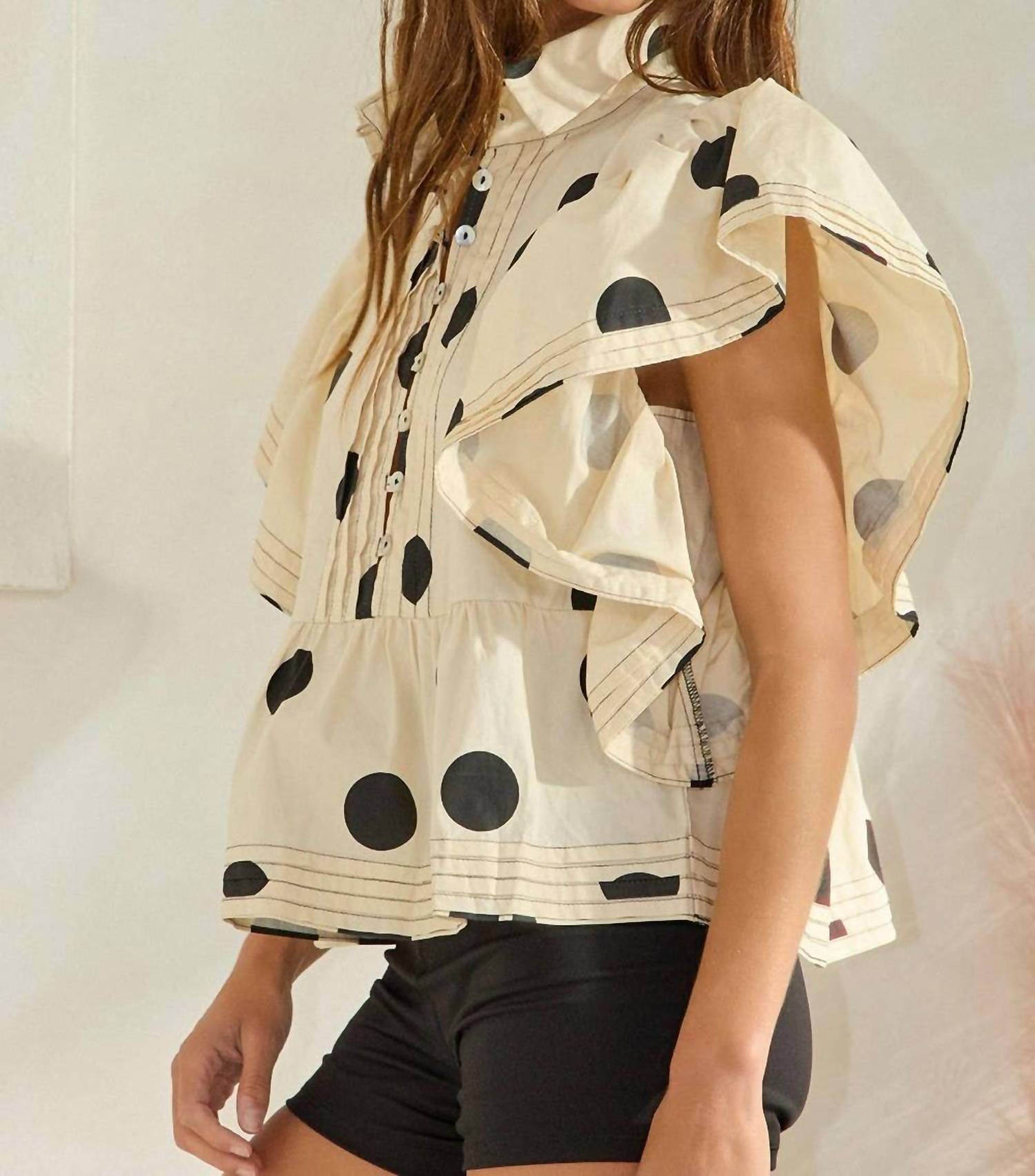 Bucketlist - Ruffle Sleeves Pintuck Detail Polka Dot Print Top