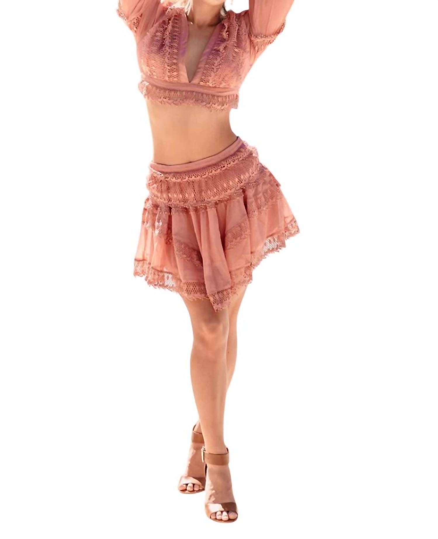 Rosevelvet - Jennifer Chiffon Ruffle Lace Crop Top and Skirt Set