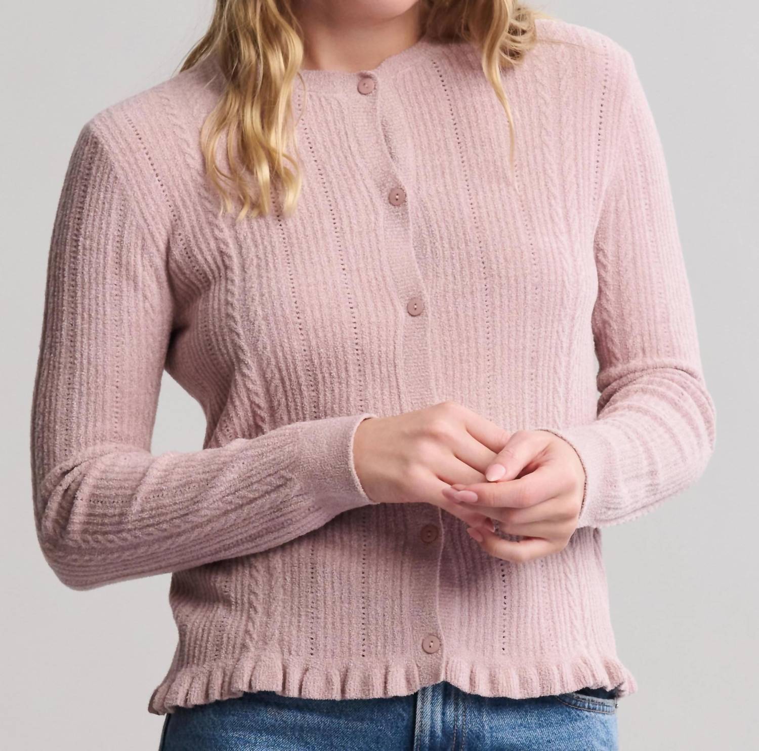 BAREFOOT DREAMS Cozychic Ultra Lite Cable Knit Cardigan With Ruffles in teaberry - women's cardigan