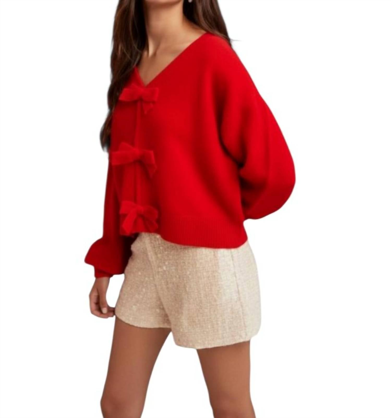Wishlist - Holly Bow Brushed Knit V-neck Sweater