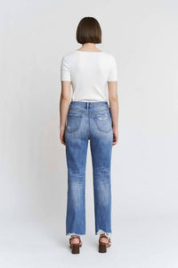 mica denim High Rise Raw Hem Loose Fit Straight Leg Jeans in meduim wash - women's jeans - detail view